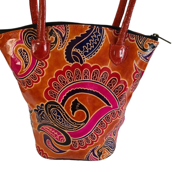 NWT Zint Leather handbag Bucket Bohemian Ethnic Brown Paisley Business - Picture 3 of 6